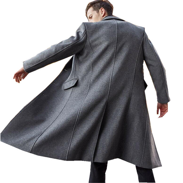 Men's Elegant Longline Coat Made of Wool Blend with Slim Silhouette and Notched Lapel Chichicherry