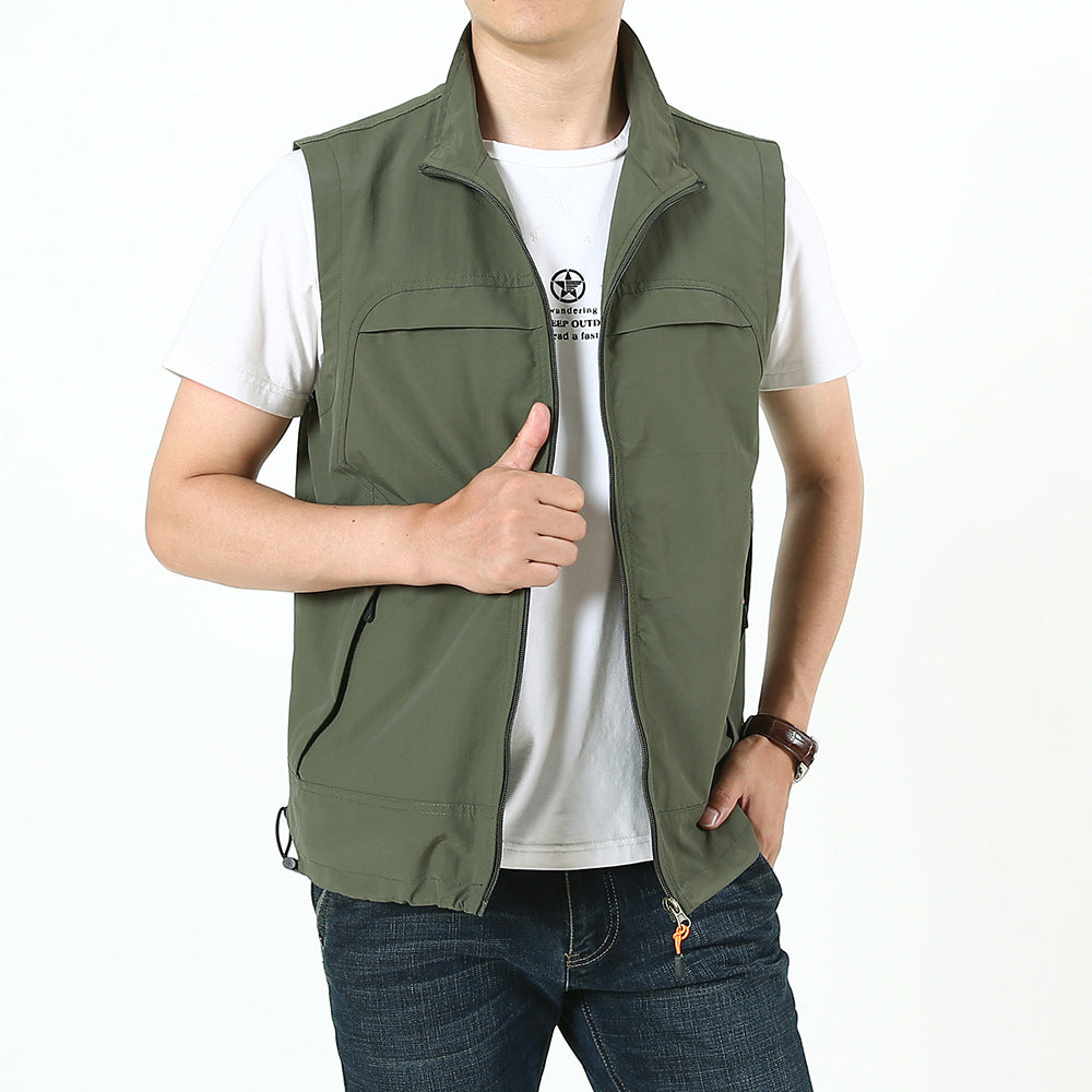 Men's Lightweight Utility Outdoor Vest with Stand-Up Collar, Full Zip and Multi-Function Pockets Chichicherry