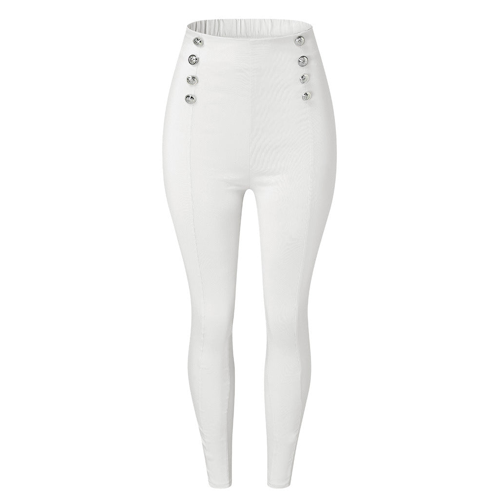 Women figure-flattering high-waist stretch skinny pants with decorative decorative buttons Chichicherry