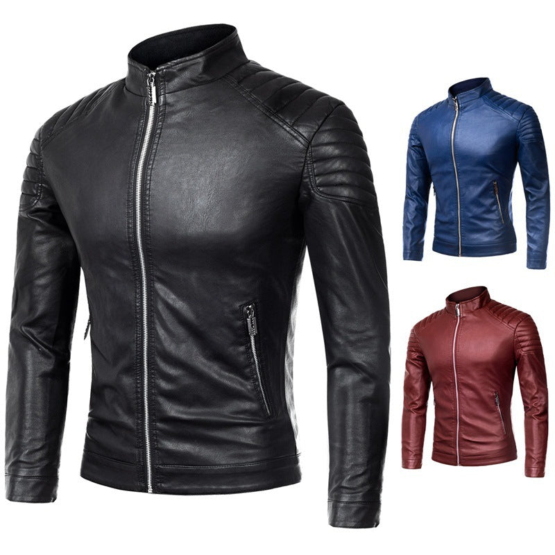 Men's Slim-Fit Faux Leather Motorcycle Jacket with Quilted Shoulders and Stand Collar Chichicherry