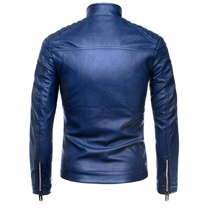 Men's Slim-Fit Faux Leather Motorcycle Jacket with Quilted Shoulders and Stand Collar Chichicherry