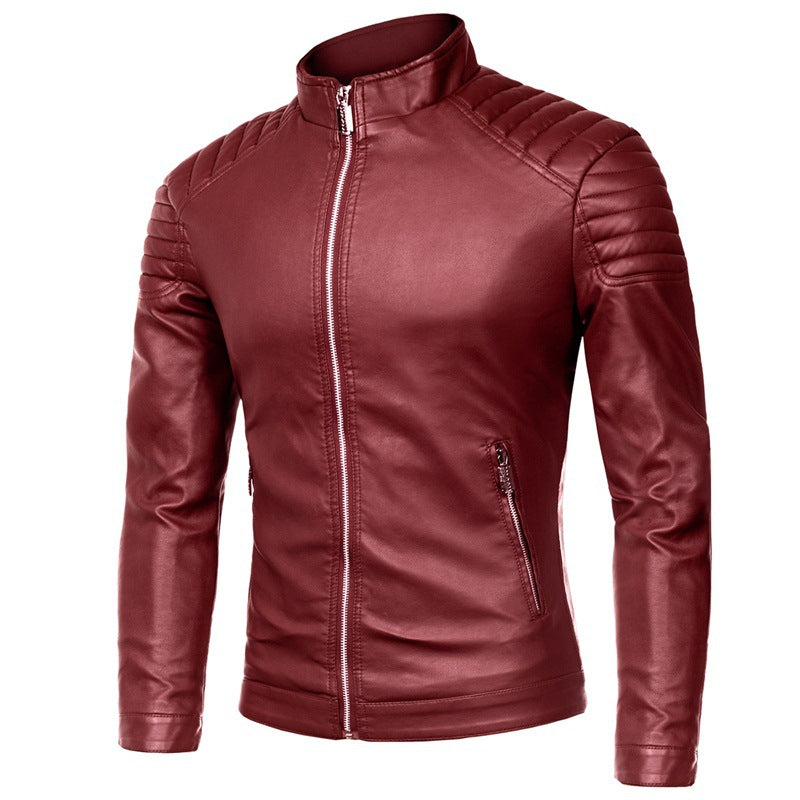 Men's Slim-Fit Faux Leather Motorcycle Jacket with Quilted Shoulders and Stand Collar Chichicherry