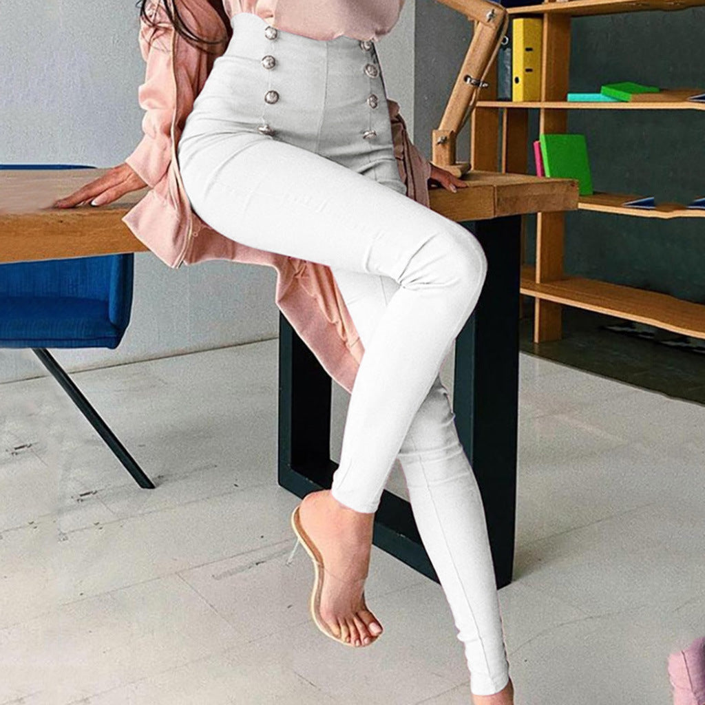 Women figure-flattering high-waist stretch skinny pants with decorative decorative buttons Chichicherry