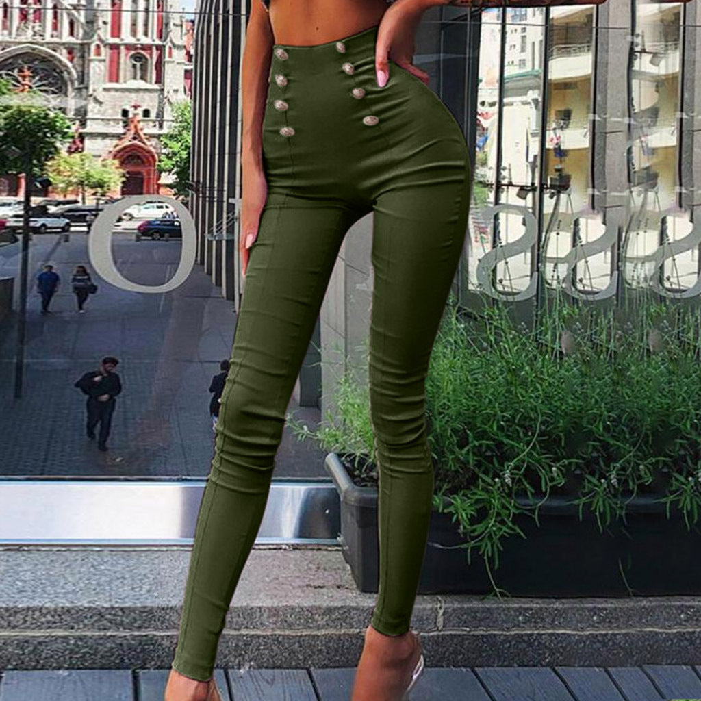 Women figure-flattering high-waist stretch skinny pants with decorative decorative buttons Chichicherry