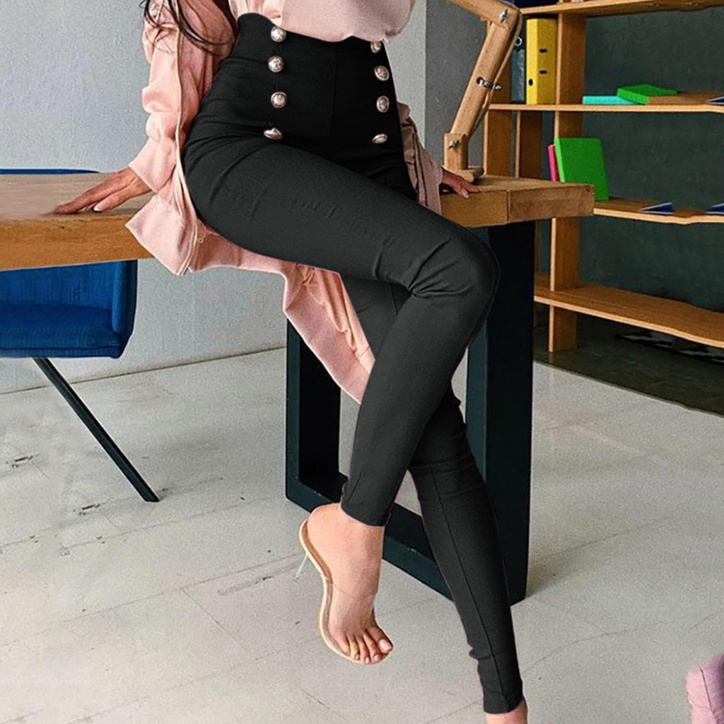 Women figure-flattering high-waist stretch skinny pants with decorative decorative buttons Chichicherry