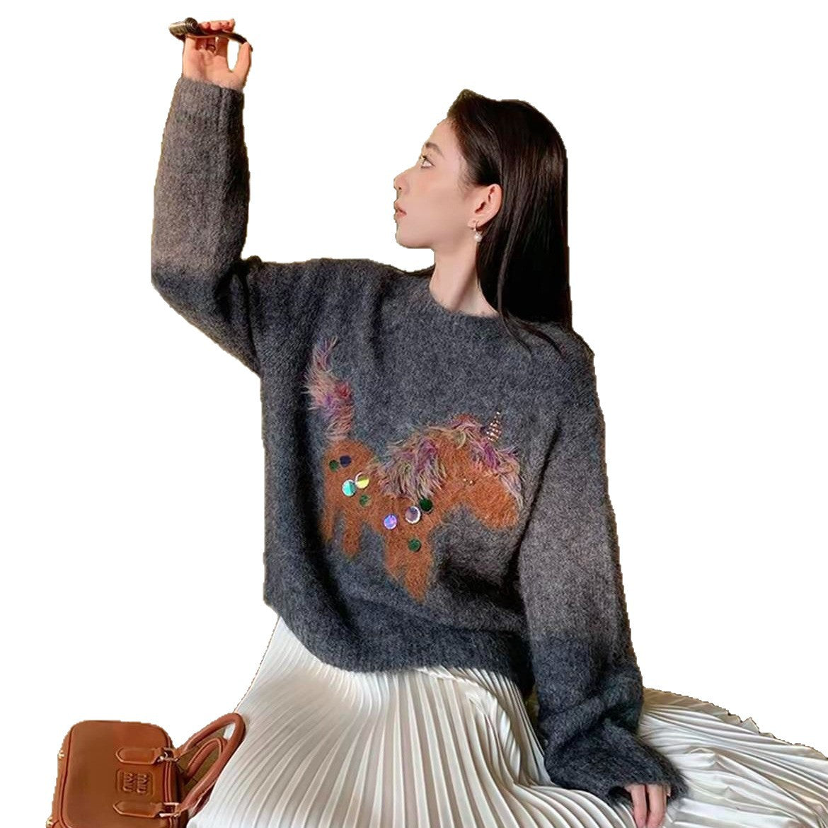 Women's knitted sweater with horse embroidery