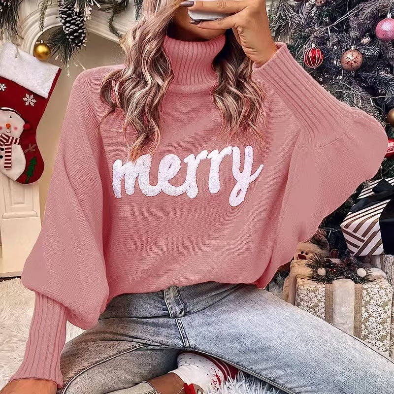 Women's knitted pullover with stand-up collar and embroidery