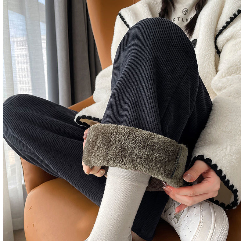 Fleece-lined corduroy wide trousers for women, extra warm