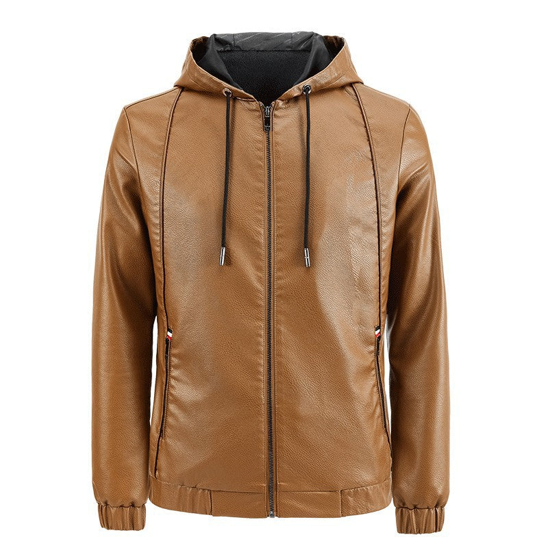 Men's Faux Leather Hooded Jacket with Thermal Lining and Reduced Pilot Cut Chichicherry