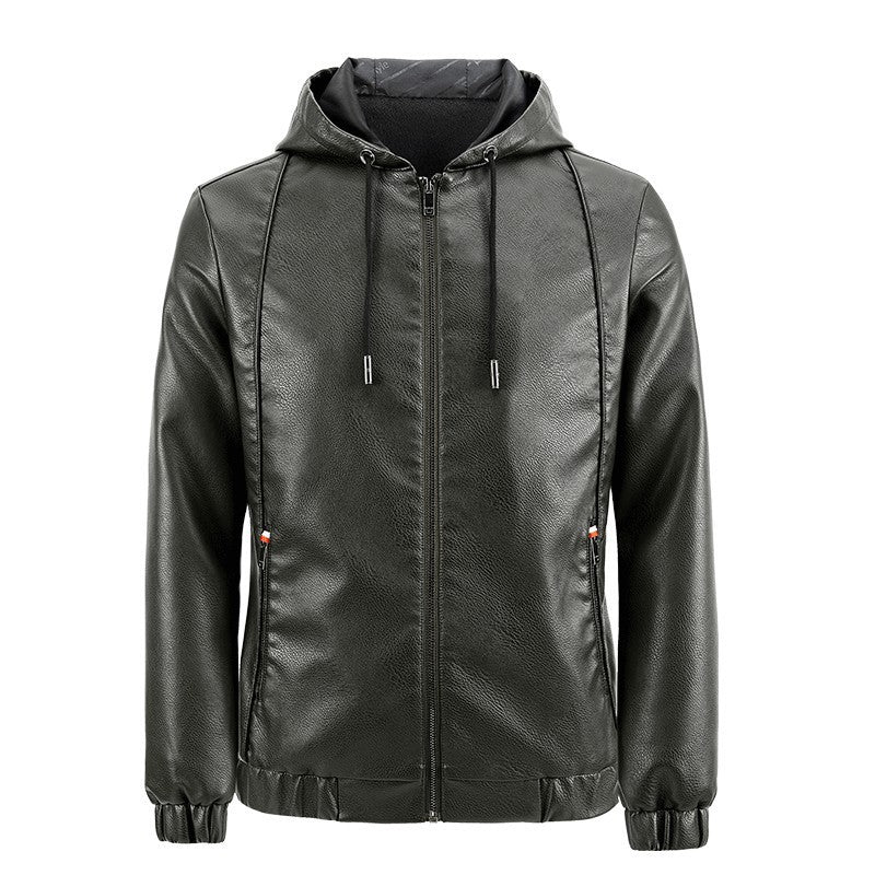 Men's Faux Leather Hooded Jacket with Thermal Lining and Reduced Pilot Cut Chichicherry