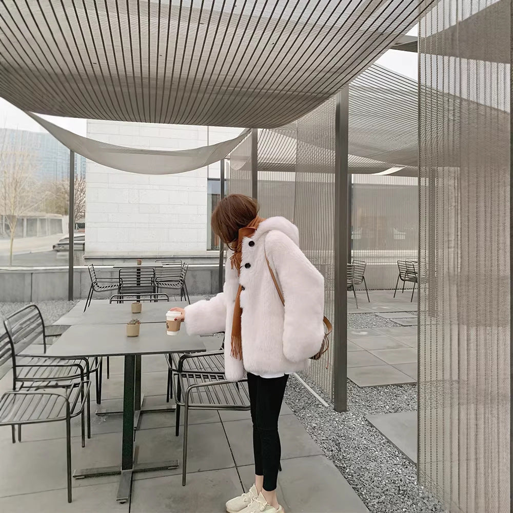 Women's lamb fleece coat with hood, mid-length