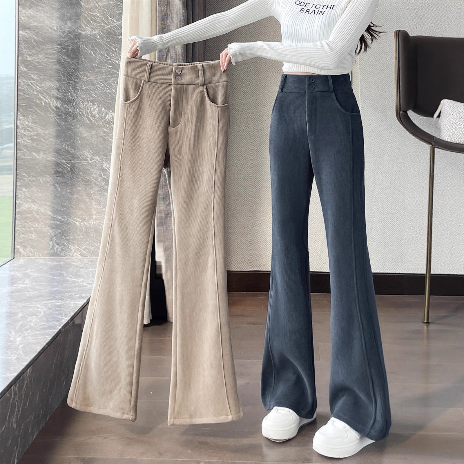 Cord flared trousers for women, lined