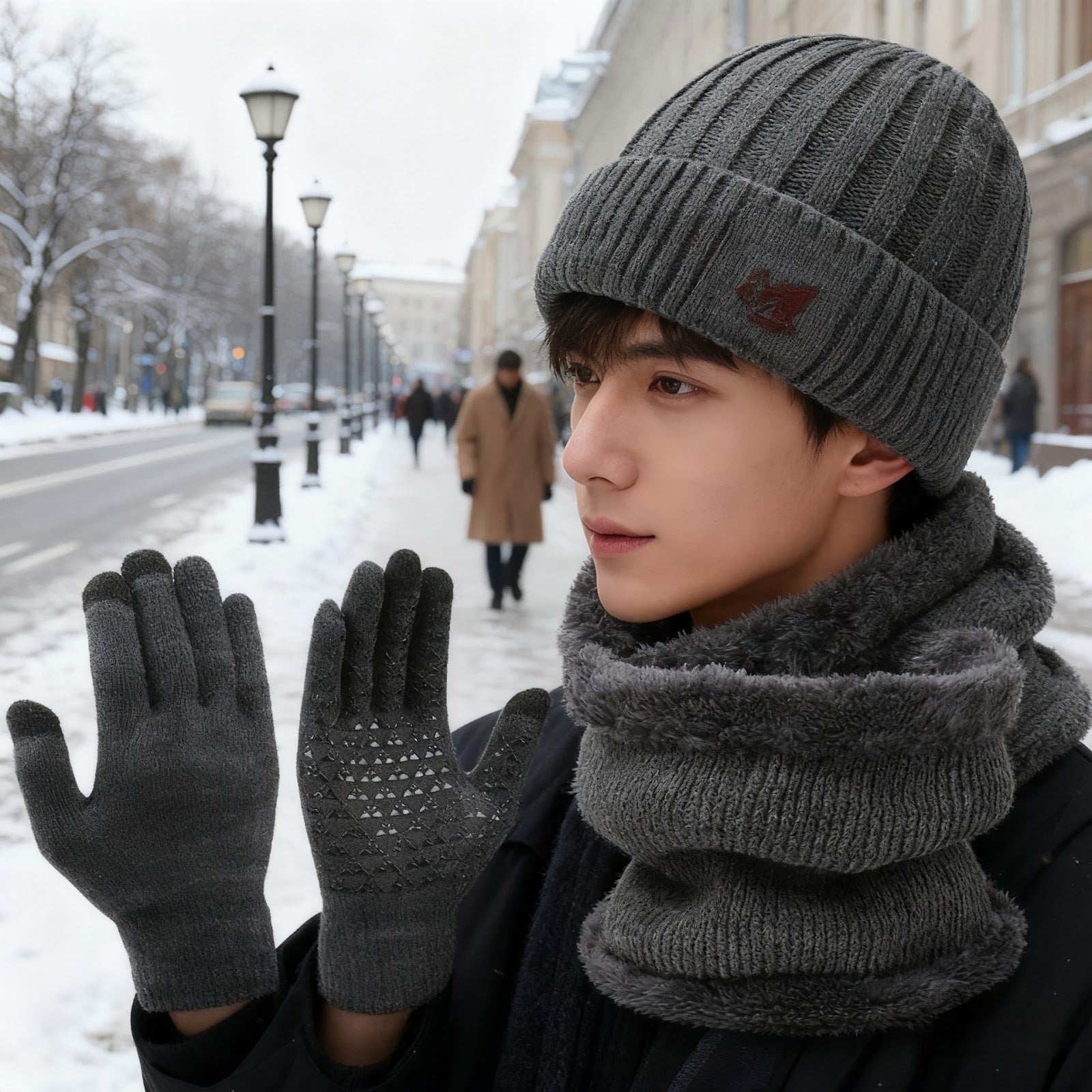 Knitted cap and neck protection set, lined, for men