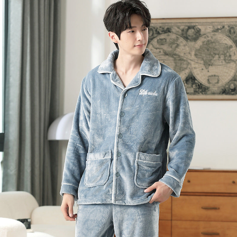 Men's Flannel Pajama Set, Embroidered, Simple