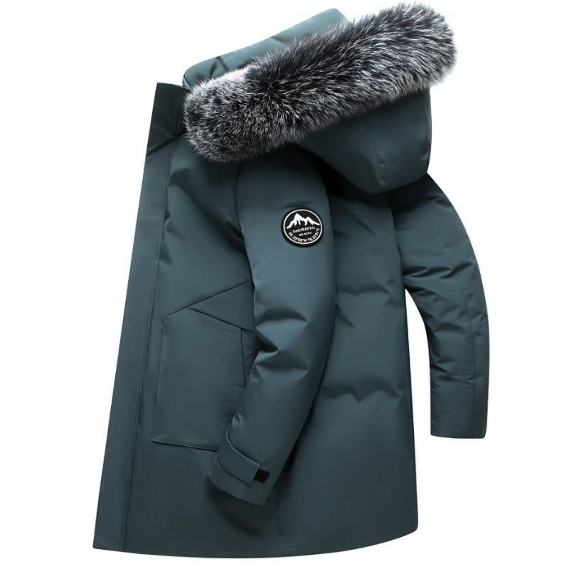 Mid-length men's down jacket with hood and fur collar