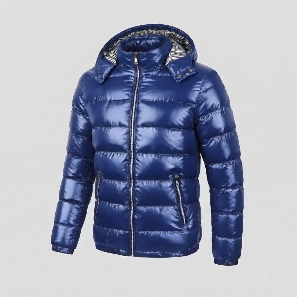Men's Glossy Quilted Jacket with Hood, Striped Lining & Contrast Zippers Chichicherry