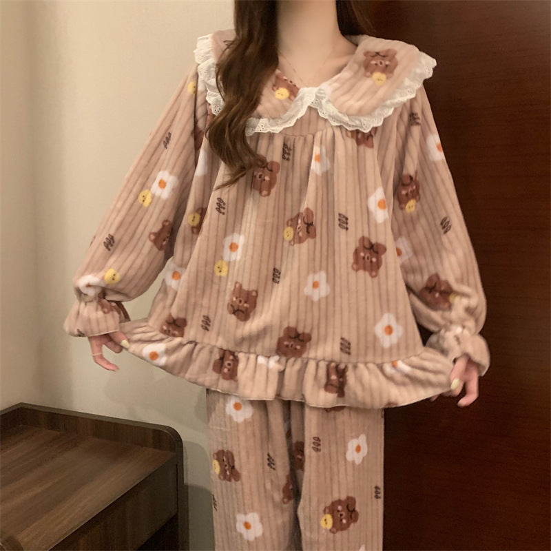 Warmer coral fleece pajamas, long-sleeved, printed