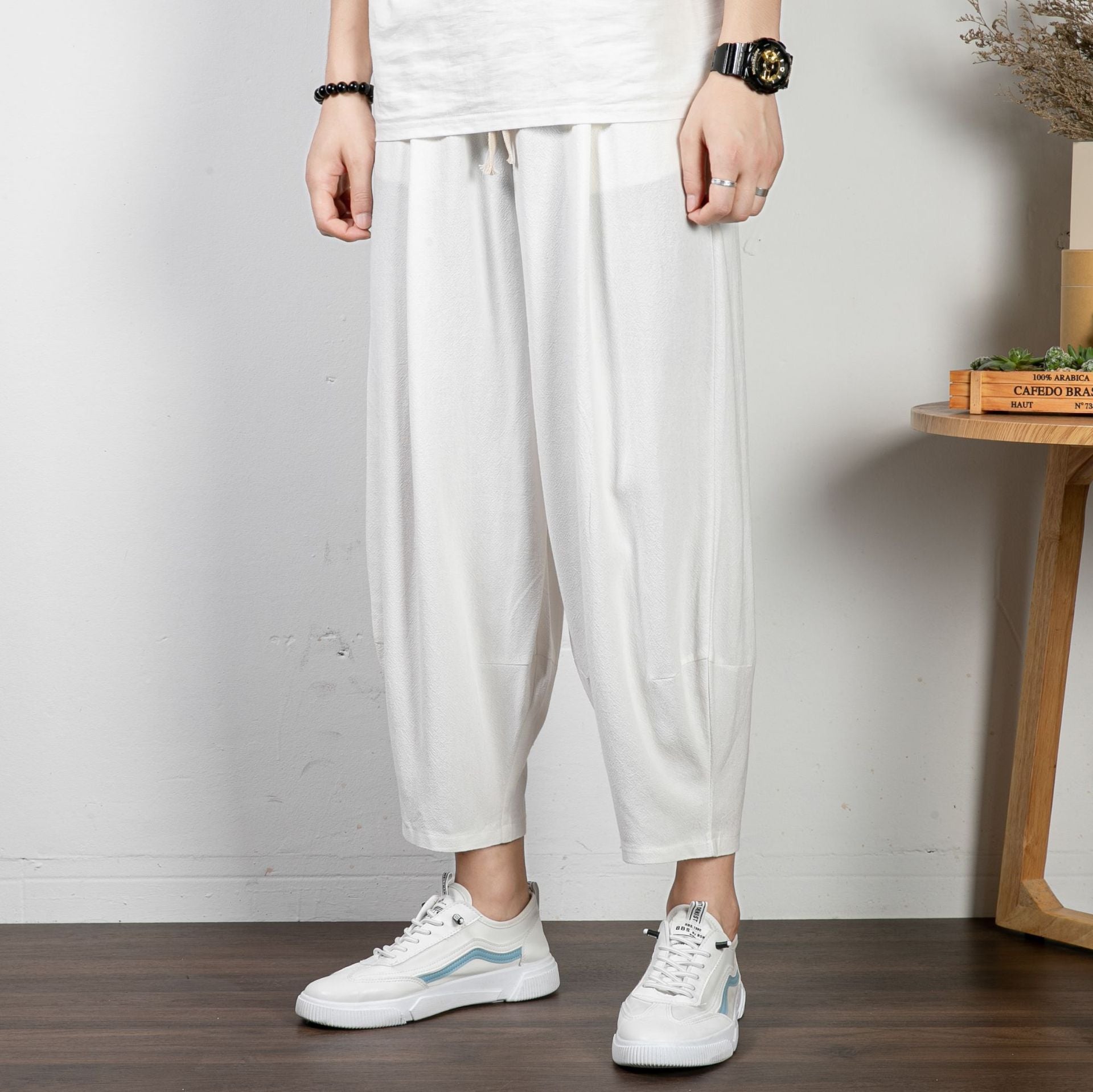 Men's Casual Cropped Harem Pants made of Cotton Blend with Drawstring and Ribbed Ankle Cuffs Chichicherry