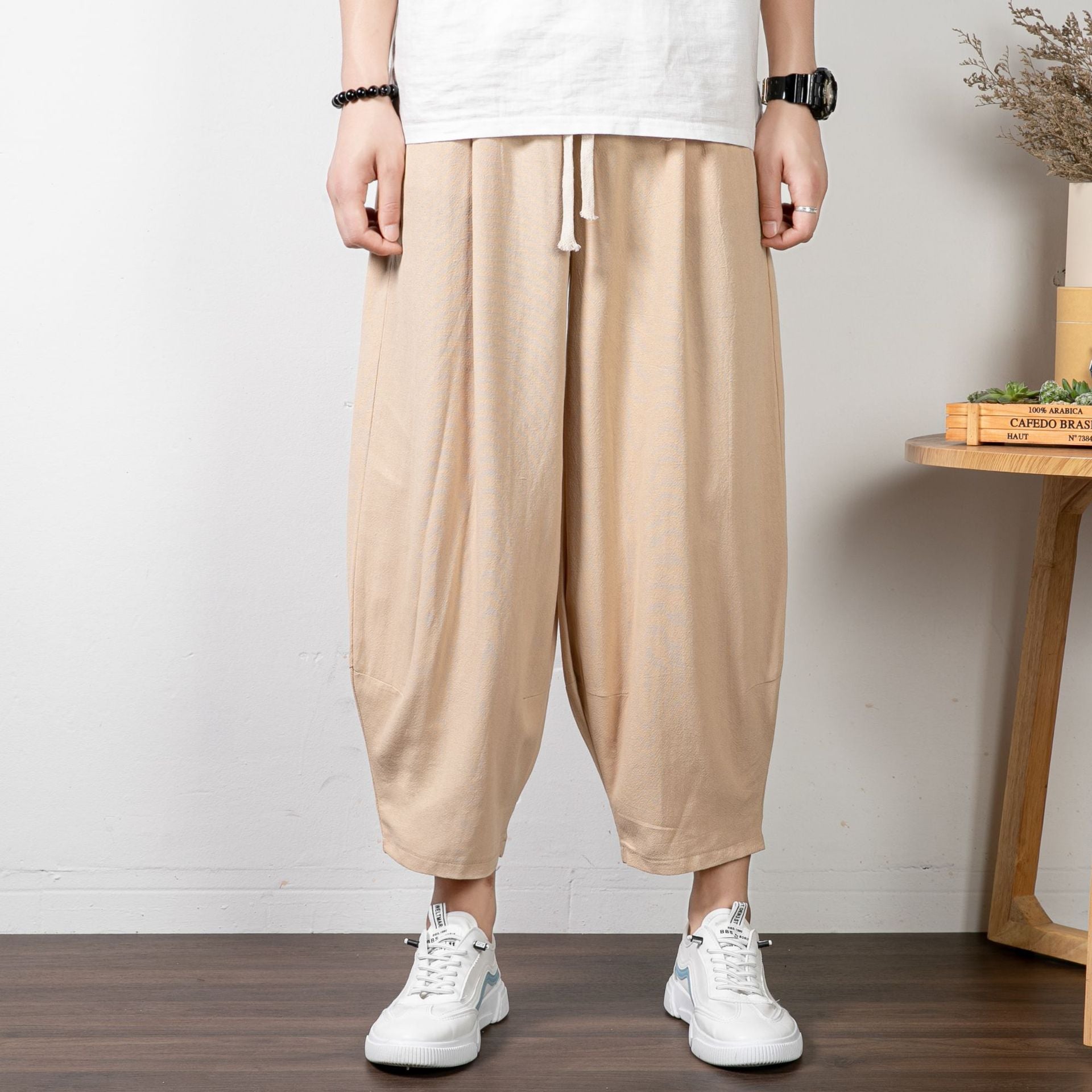 Men's Casual Cropped Harem Pants made of Cotton Blend with Drawstring and Ribbed Ankle Cuffs Chichicherry