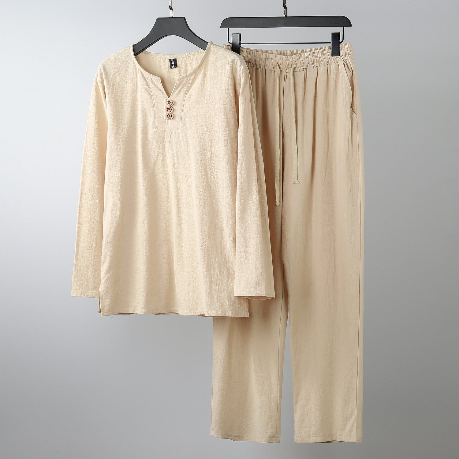 Women Comfortable Cotton Loungewear Set with Henley Neckline and Drawstring Pants Chichicherry