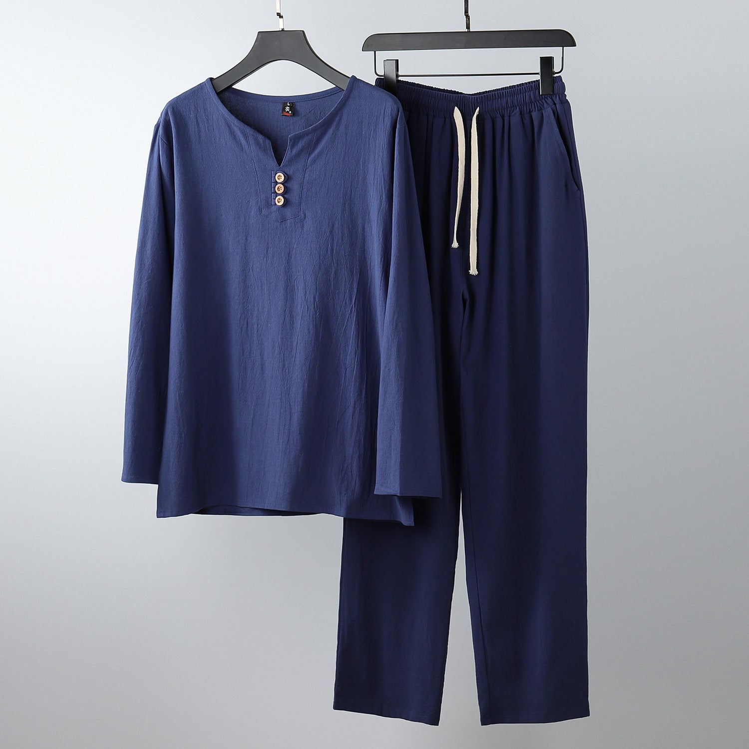 Women Comfortable Cotton Loungewear Set with Henley Neckline and Drawstring Pants Chichicherry