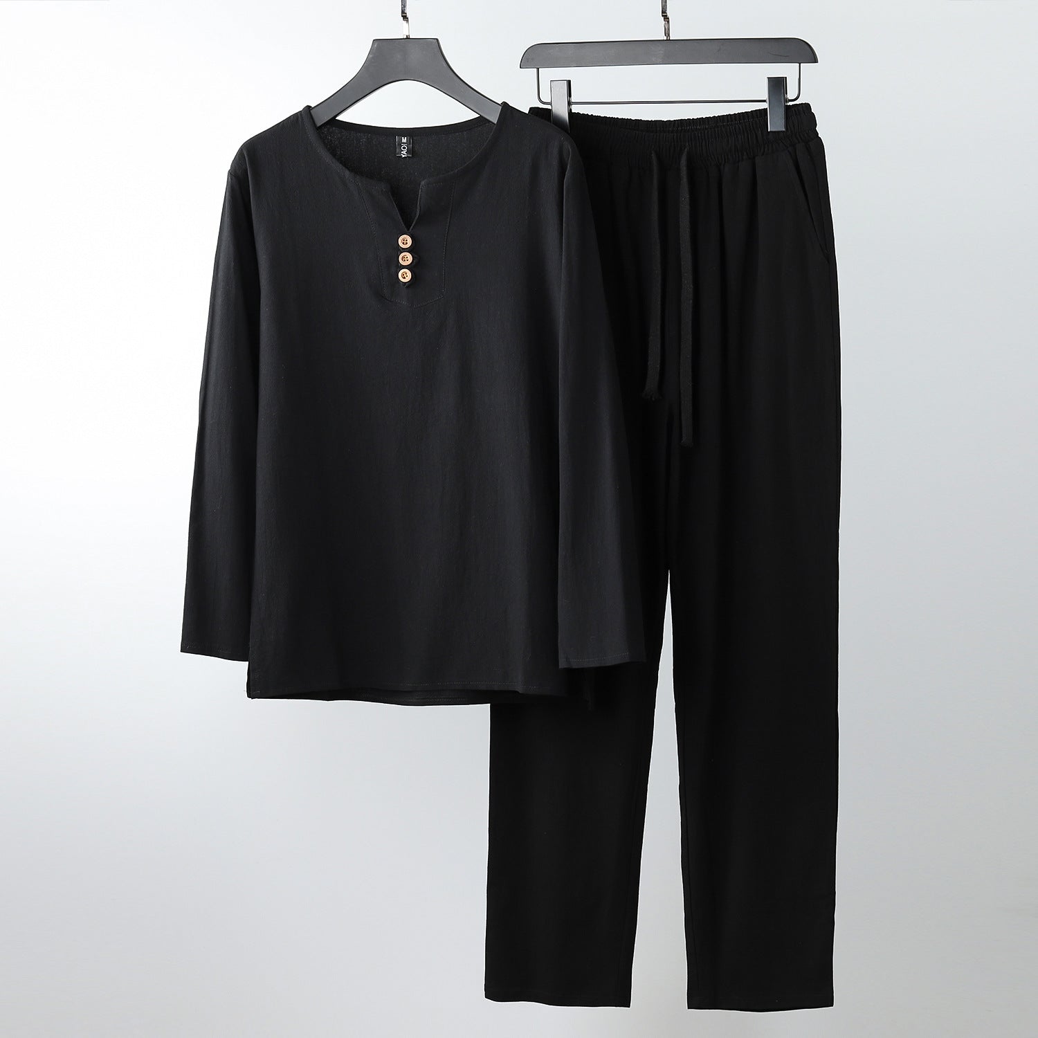 Women Comfortable Cotton Loungewear Set with Henley Neckline and Drawstring Pants Chichicherry
