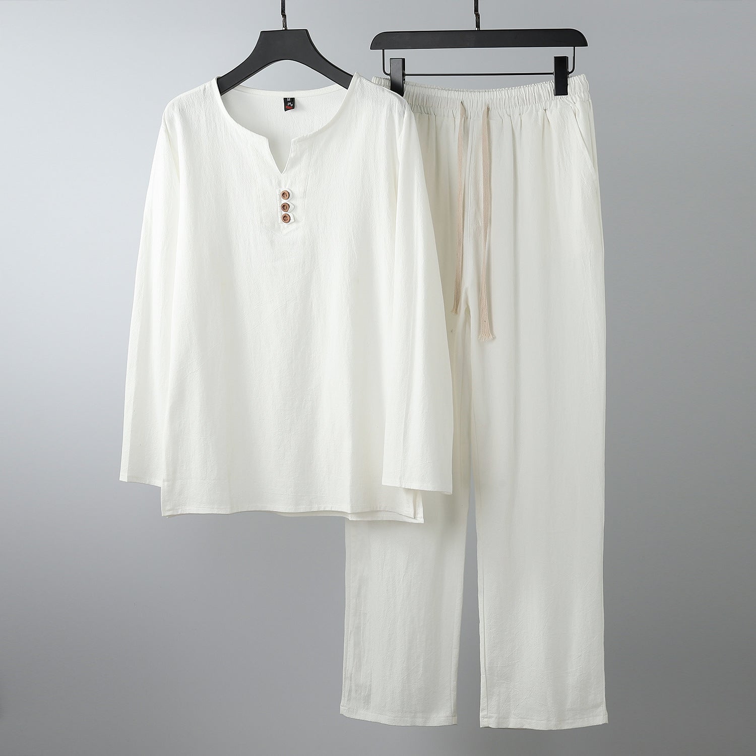 Women Comfortable Cotton Loungewear Set with Henley Neckline and Drawstring Pants Chichicherry
