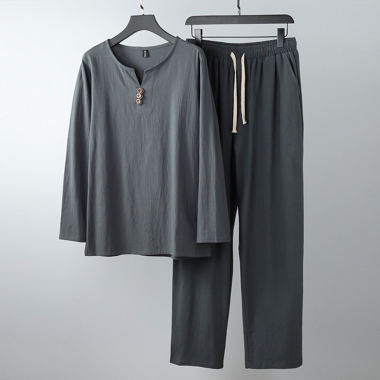Women Comfortable Cotton Loungewear Set with Henley Neckline and Drawstring Pants Chichicherry