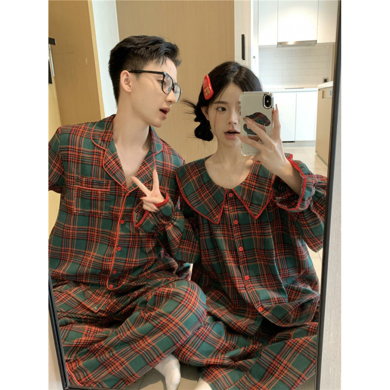 Women's house suit, checked, made of brushed cotton-linen blend