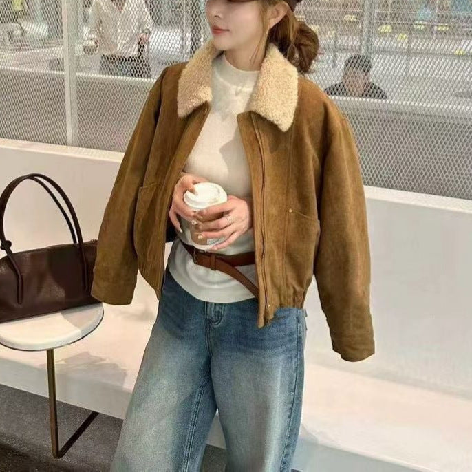 Women’s winter jacket, suede look, lambskin lining
