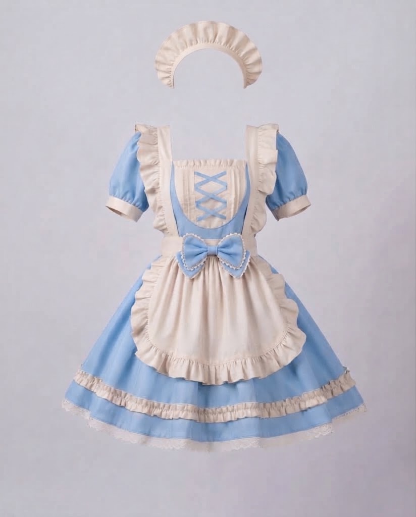 Women's Elaborate Maid Costume with Ruffle Details and Apron Chichicherry