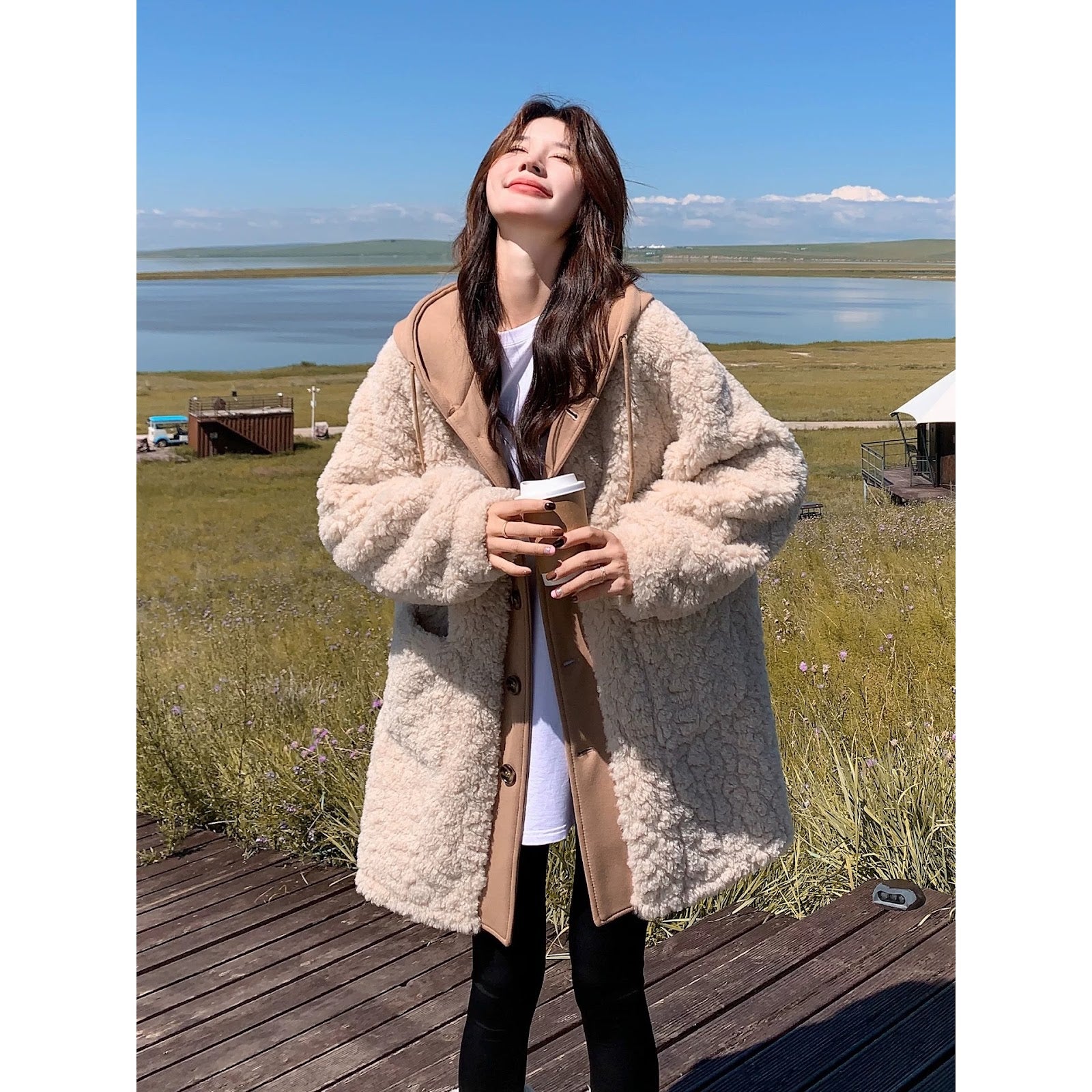 Women’s faux lambskin coat, mid-length, lined