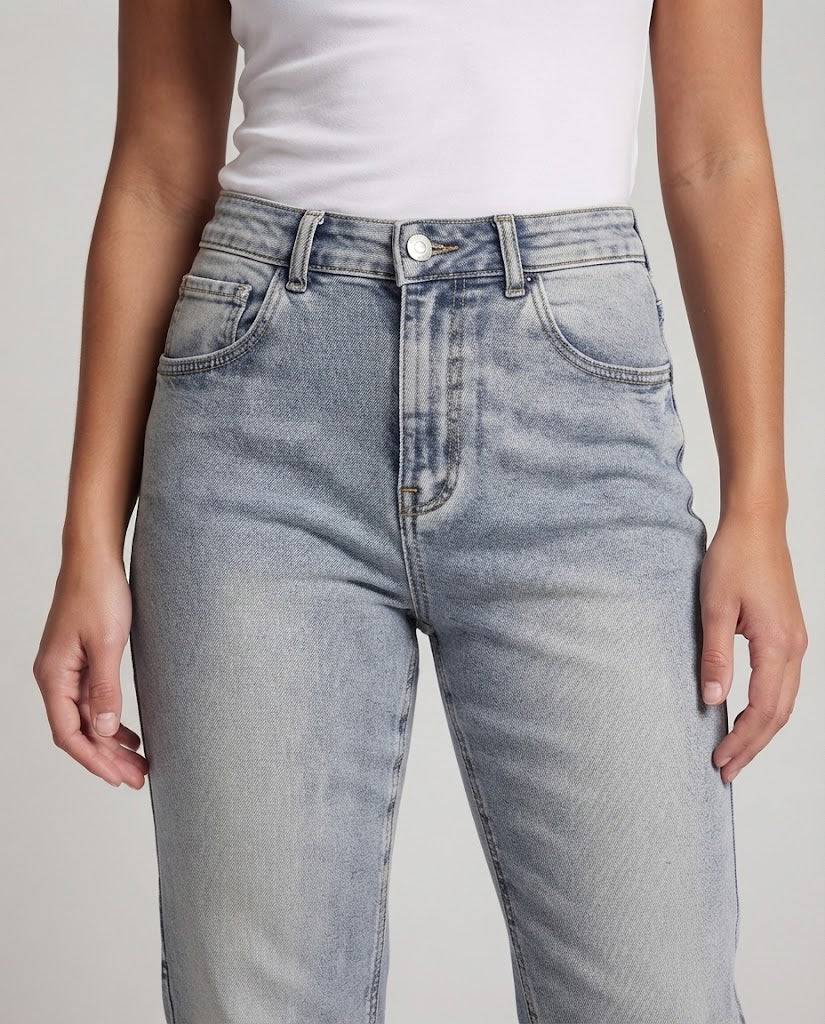 Women Straight Cut High-Waist Denim Jeans with Soft Used Wash Chichicherry