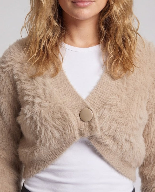 Women Short Cardigan made of fluffy faux fur knit with deep V-neck and decorative button Chichicherry