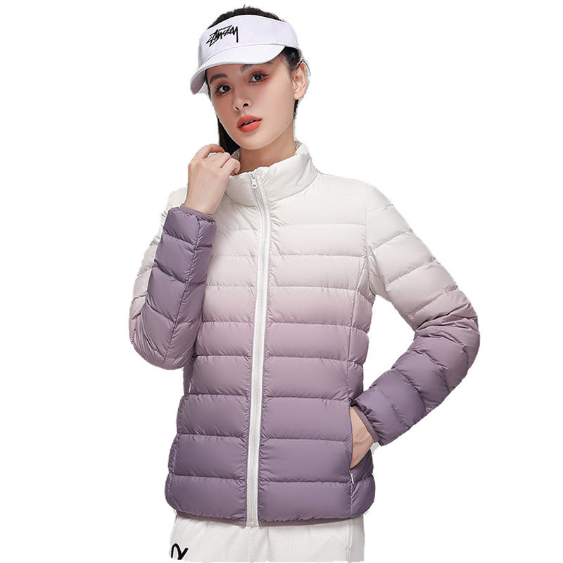 Women's down jacket, short, with stand-up collar and gradient
