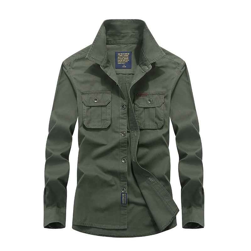 Men's Long Sleeve Canvas Shirt in Utility Style with Chest Pockets and Standing Collar Chichicherry