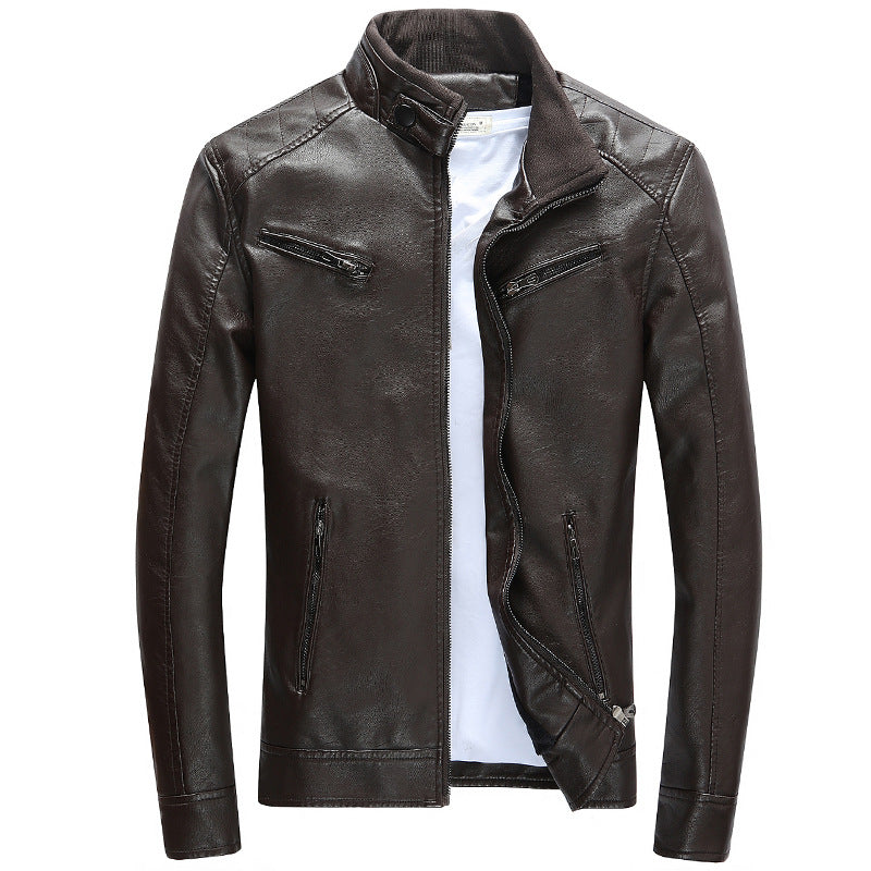 Men's faux leather biker jacket with stand collar, zippered pockets, and slim fit Chichicherry