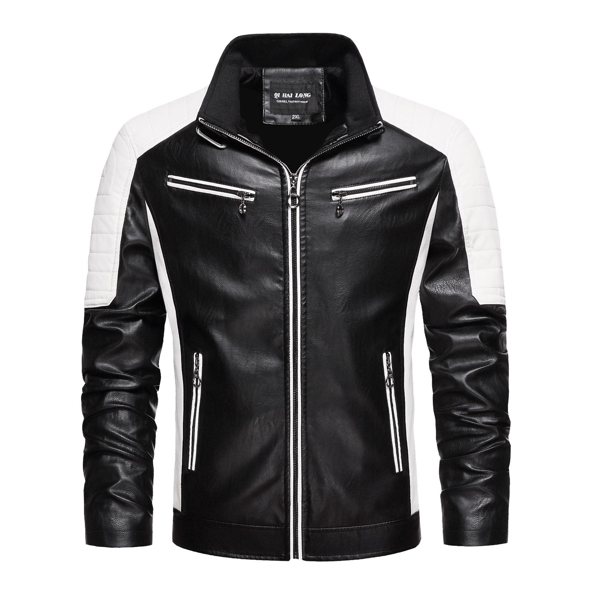 Men's Faux Leather Biker Jacket in Retro Racer Style with Quilted Shoulder Panels and Contrast Trim Chichicherry