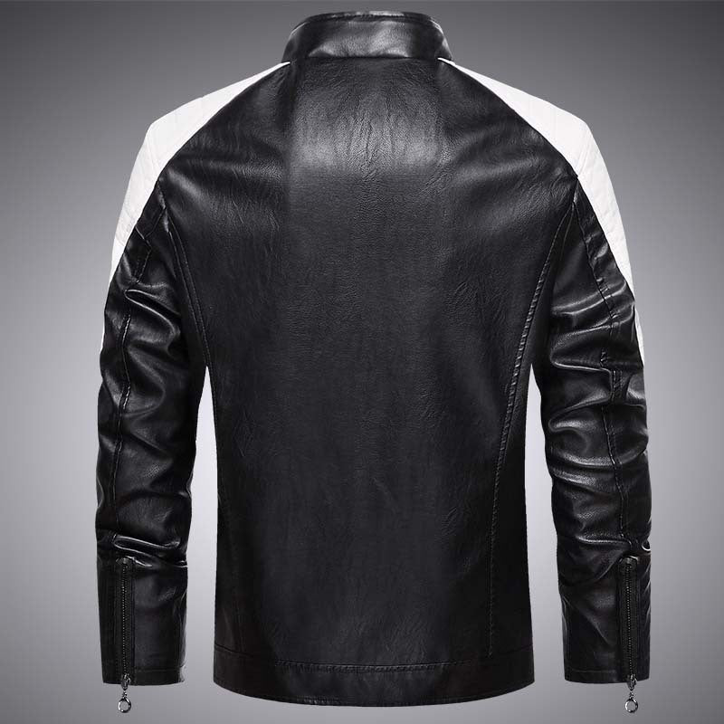 Men's Faux Leather Biker Jacket in Retro Racer Style with Quilted Shoulder Panels and Contrast Trim Chichicherry