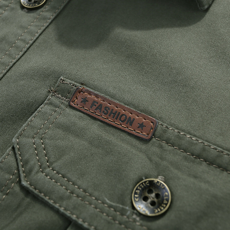 Men's Long Sleeve Canvas Shirt in Utility Style with Chest Pockets and Standing Collar Chichicherry