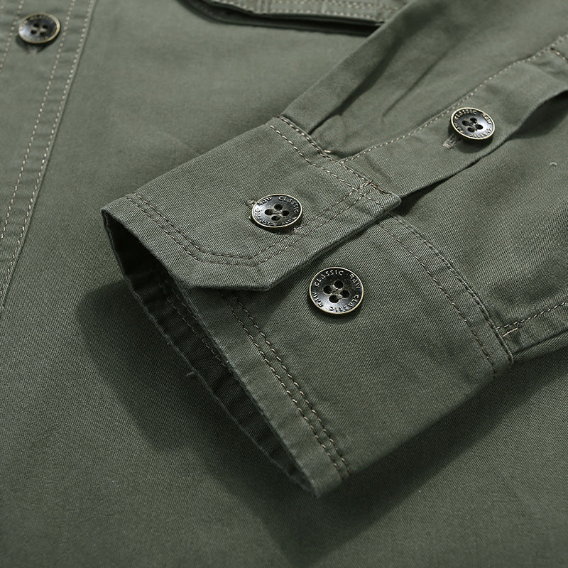 Men's Long Sleeve Canvas Shirt in Utility Style with Chest Pockets and Standing Collar Chichicherry