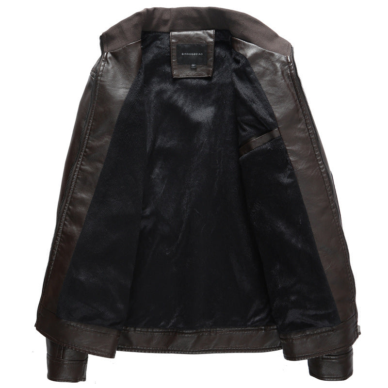Men's faux leather biker jacket with stand collar, zippered pockets, and slim fit Chichicherry