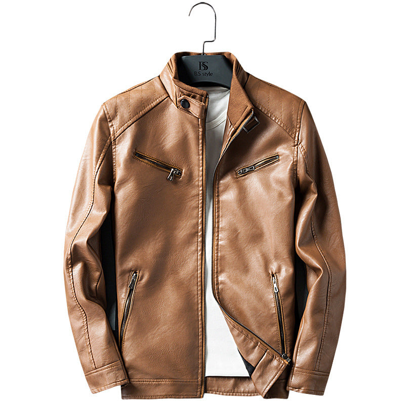 Men's faux leather biker jacket with stand collar, zippered pockets, and slim fit Chichicherry