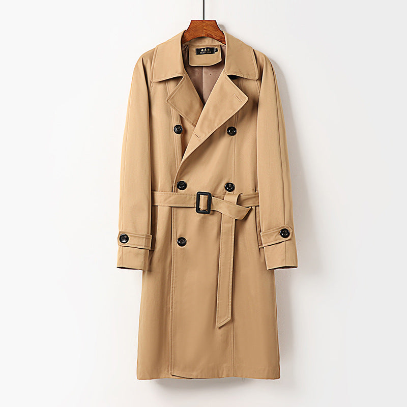 Men Water-Repellent Double-Breasted Trench Coat with Wide Lapels and Knee-Length Chichicherry