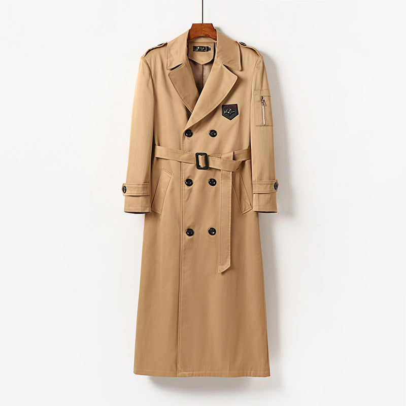 Men's Long Double-Breasted Trench Coat with Belt, Epaulettes and Zipper Sleeve Pocket Chichicherry