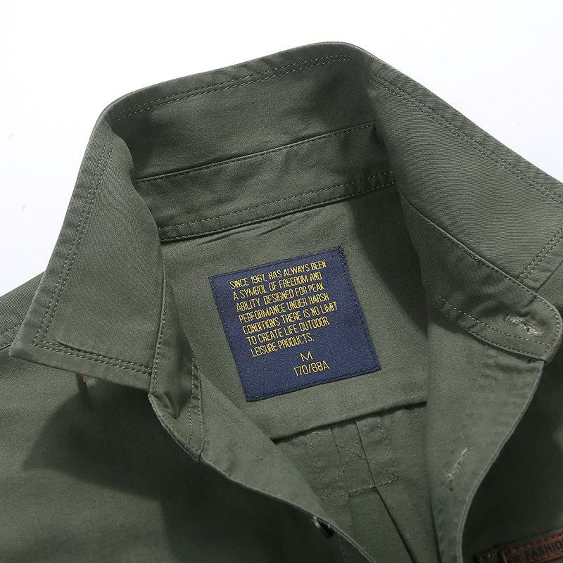 Men's Long Sleeve Canvas Shirt in Utility Style with Chest Pockets and Standing Collar Chichicherry
