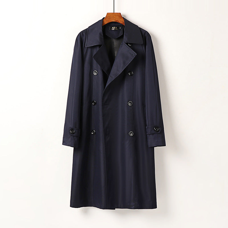 Men Water-Repellent Double-Breasted Trench Coat with Wide Lapels and Knee-Length Chichicherry