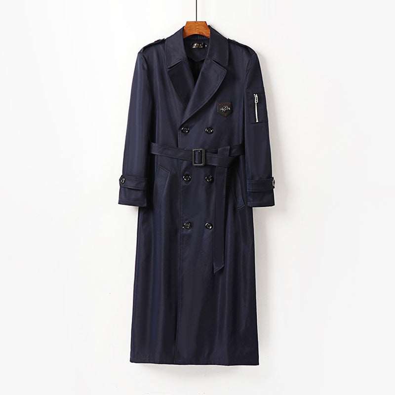 Men's Long Double-Breasted Trench Coat with Belt, Epaulettes and Zipper Sleeve Pocket Chichicherry