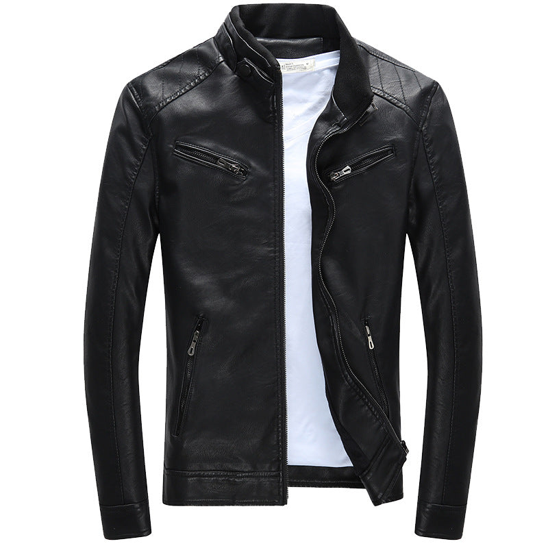Men's faux leather biker jacket with stand collar, zippered pockets, and slim fit Chichicherry