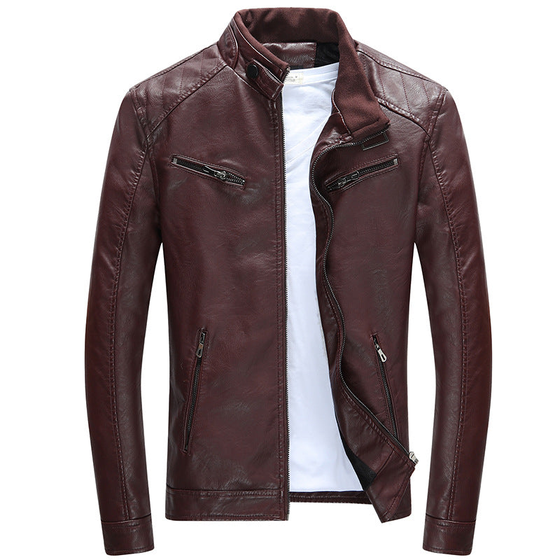 Men's faux leather biker jacket with stand collar, zippered pockets, and slim fit Chichicherry